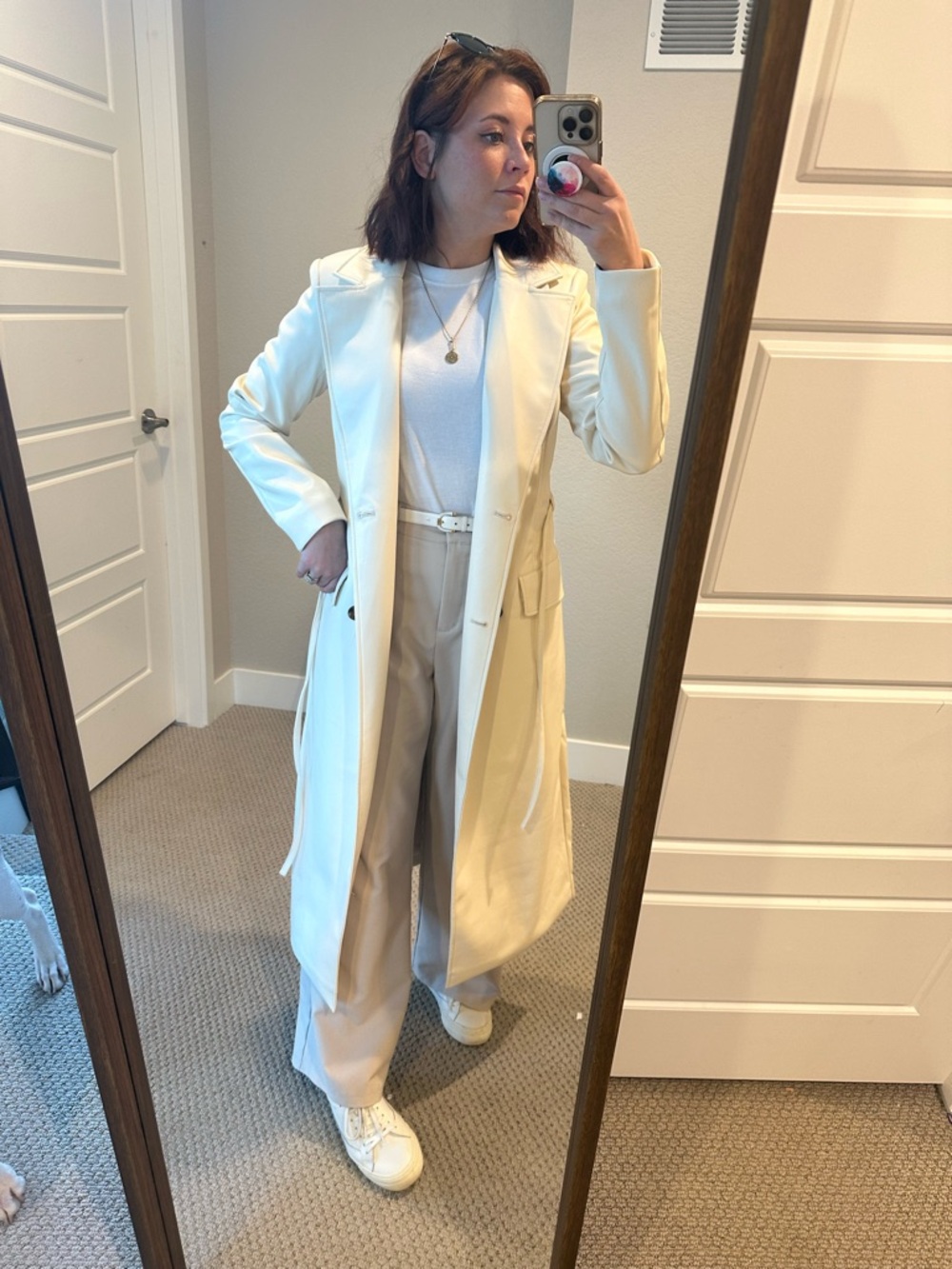 Incredible Cream Long Faux Leather Trench Coat